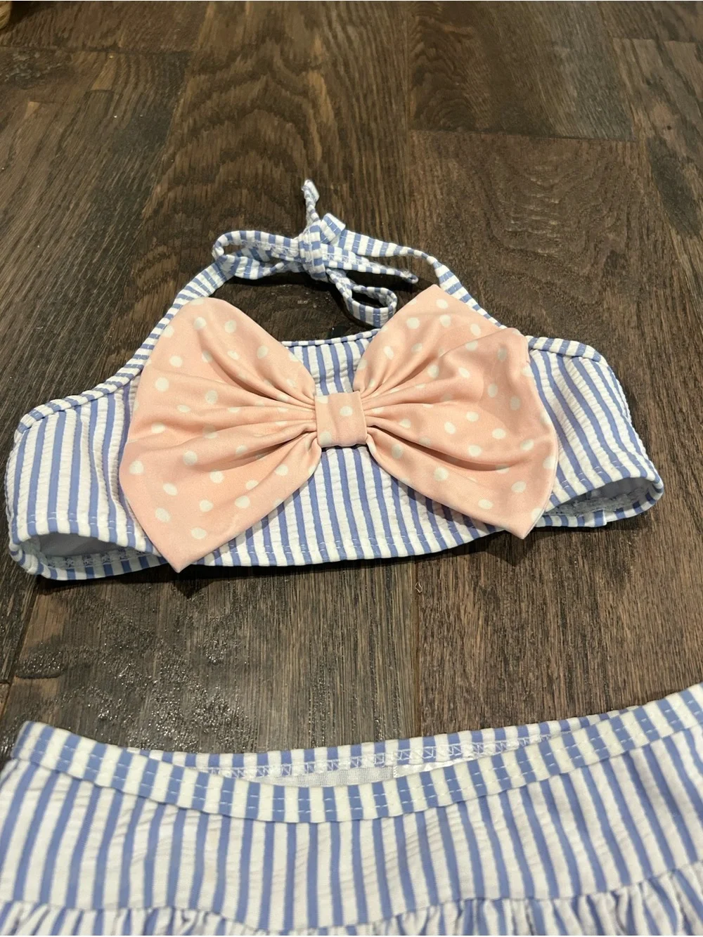 Ruffle Butts Blue & Pink Striped Two-Piece Swim Set with Bow Size 2T